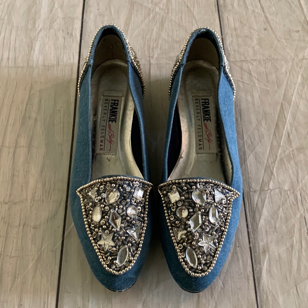 VTG Frankie And Baby Beverly Feldman Size 7B Blue Denim Embellished Slippers